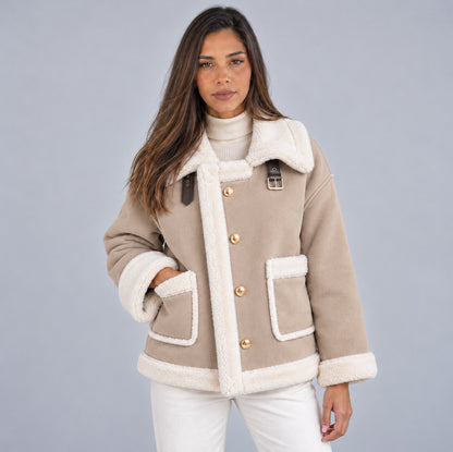 Suede Sherpa Trim Long Sleeve Jacket