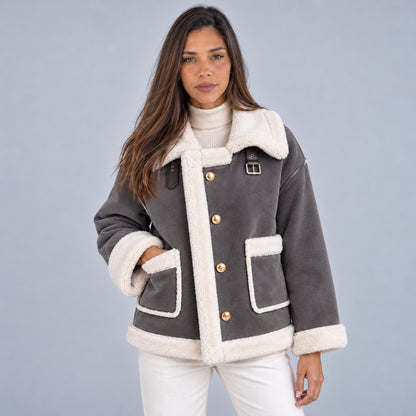 Suede Sherpa Trim Long Sleeve Jacket