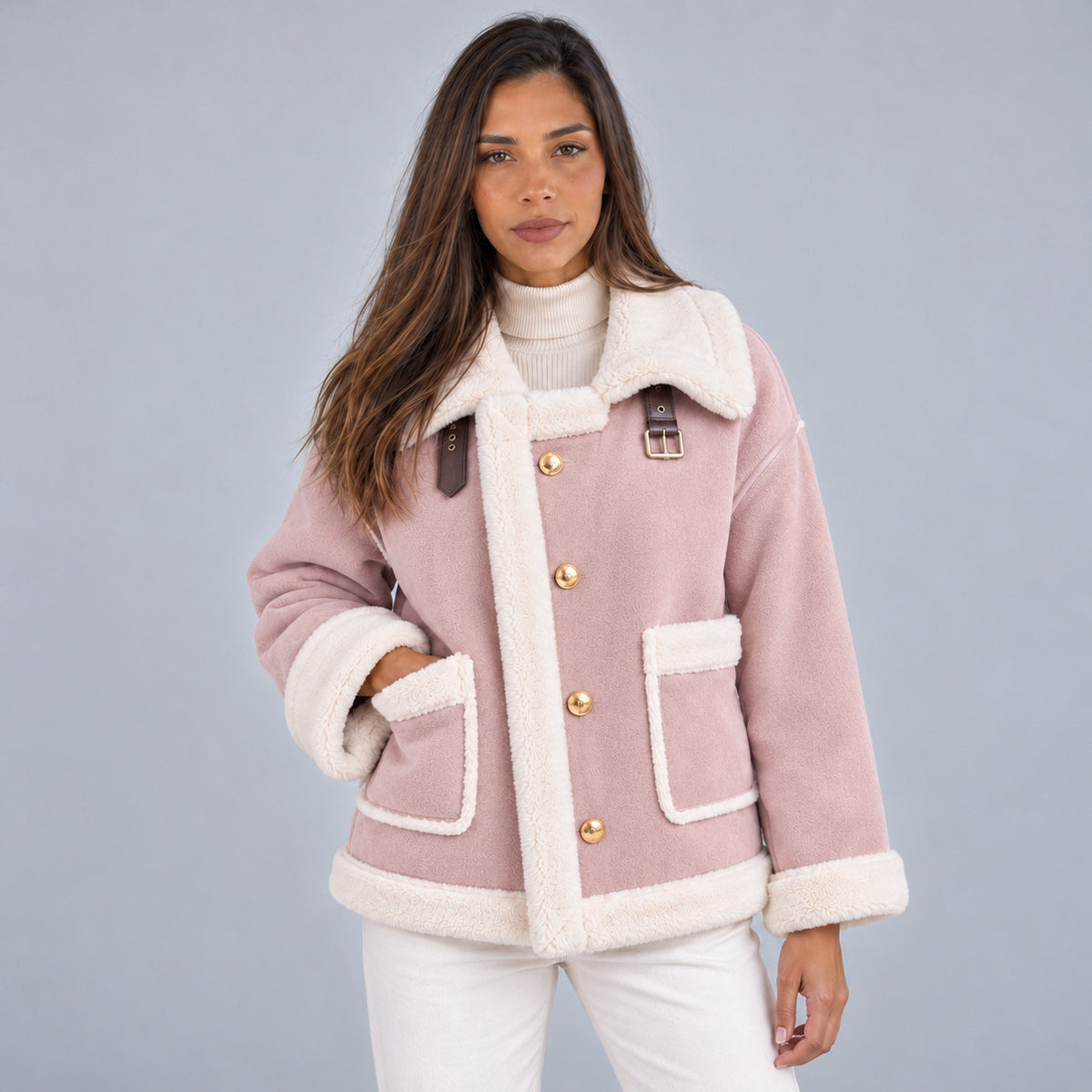 Suede Sherpa Trim Long Sleeve Jacket