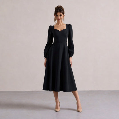 Long Sleeve Sweetheart Puff Sleeve A-Line Midi Dress