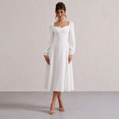 Long Sleeve Sweetheart Puff Sleeve A-Line Midi Dress