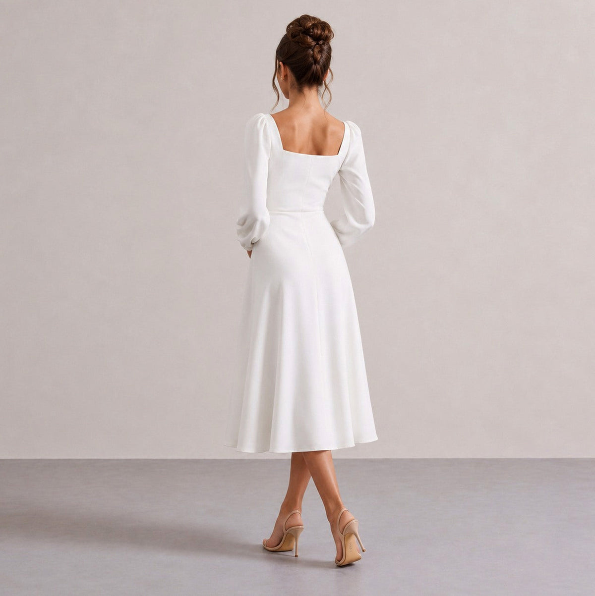 Long Sleeve Sweetheart Puff Sleeve A-Line Midi Dress