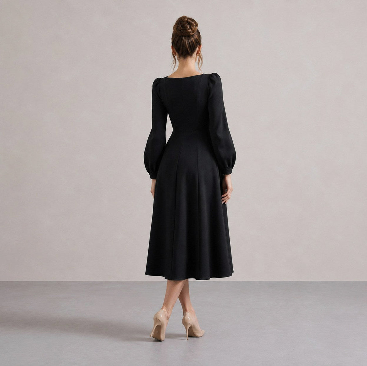 Long Sleeve Sweetheart Puff Sleeve A-Line Midi Dress