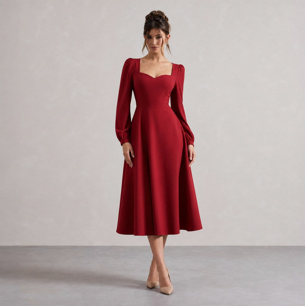 Long Sleeve Sweetheart Puff Sleeve A-Line Midi Dress