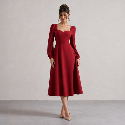Long Sleeve Sweetheart Puff Sleeve A-Line Midi Dress