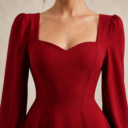 Long Sleeve Sweetheart Puff Sleeve A-Line Midi Dress