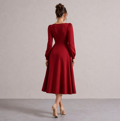 Long Sleeve Sweetheart Puff Sleeve A-Line Midi Dress
