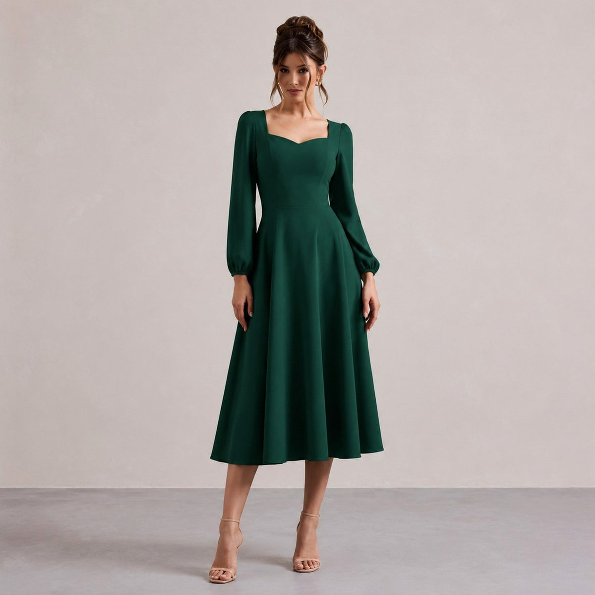 Long Sleeve Sweetheart Puff Sleeve A-Line Midi Dress