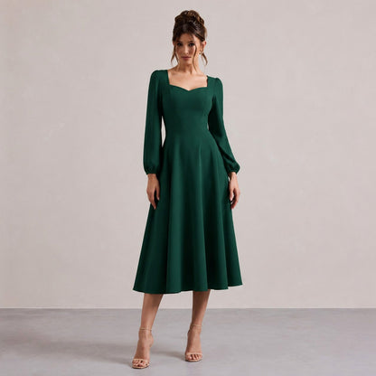 Long Sleeve Sweetheart Puff Sleeve A-Line Midi Dress