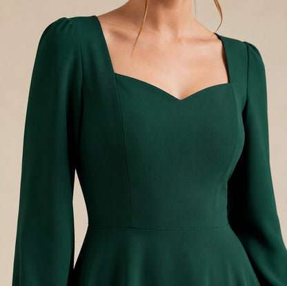 Long Sleeve Sweetheart Puff Sleeve A-Line Midi Dress