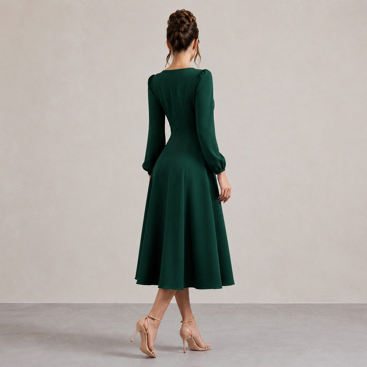 Long Sleeve Sweetheart Puff Sleeve A-Line Midi Dress