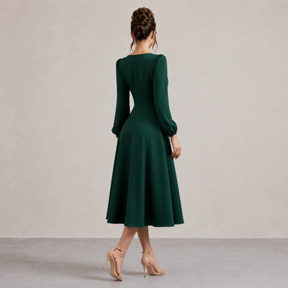 Long Sleeve Sweetheart Puff Sleeve A-Line Midi Dress
