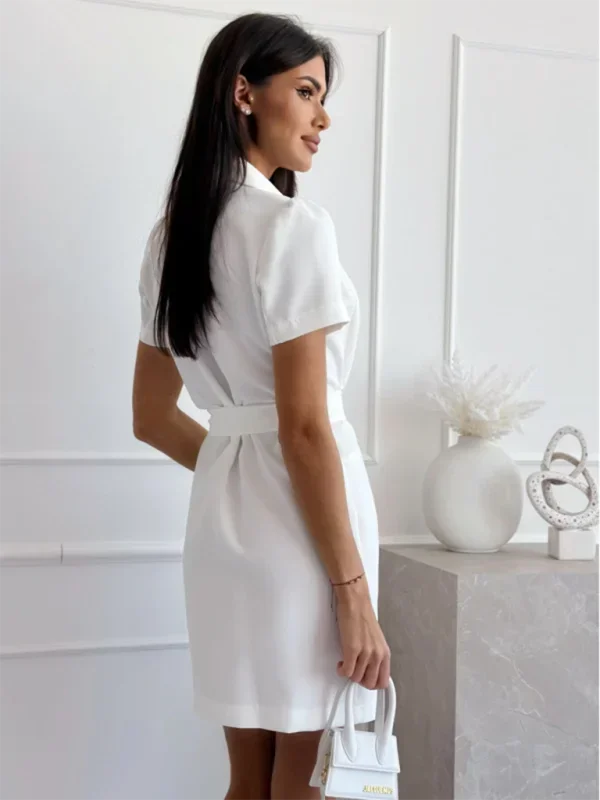 White - Light beige short-sleeve blazer dress featuring a notched lapel, double-breasted button front, and a cinched self-tie waist belt.