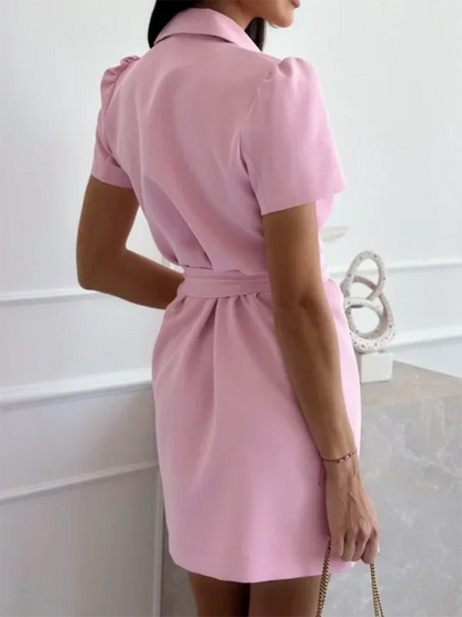 White - Light beige short-sleeve blazer dress featuring a notched lapel, double-breasted button front, and a cinched self-tie waist belt.