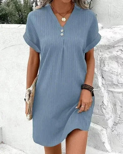 Light blue - Forest green textured shift mini dress featuring a V-neckline, two-button placket, and cuffed short sleeves.