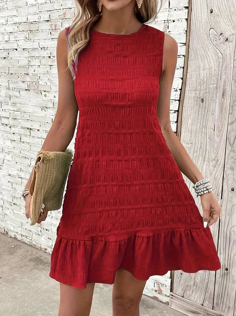 Red - Sleeveless shift mini dress featuring allover horizontal texturing, a high neckline, and a dropped flounce hem.