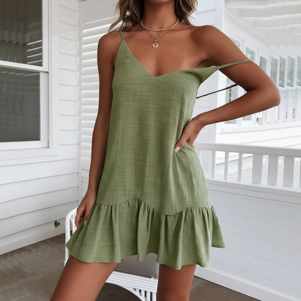 Green - A woman wearing a sleeveless, mustard-yellow mini dress with a textured crinkle fabric, V-neckline, thin spaghetti straps, and a ruffled hem.