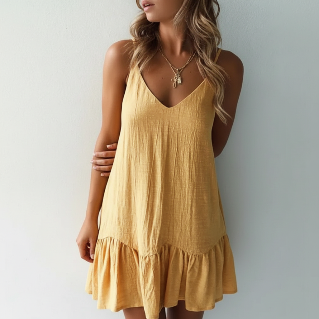 Green - A woman wearing a sleeveless, mustard-yellow mini dress with a textured crinkle fabric, V-neckline, thin spaghetti straps, and a ruffled hem.