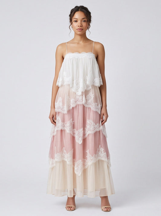 Tiered Lace Trim Maxi Dress