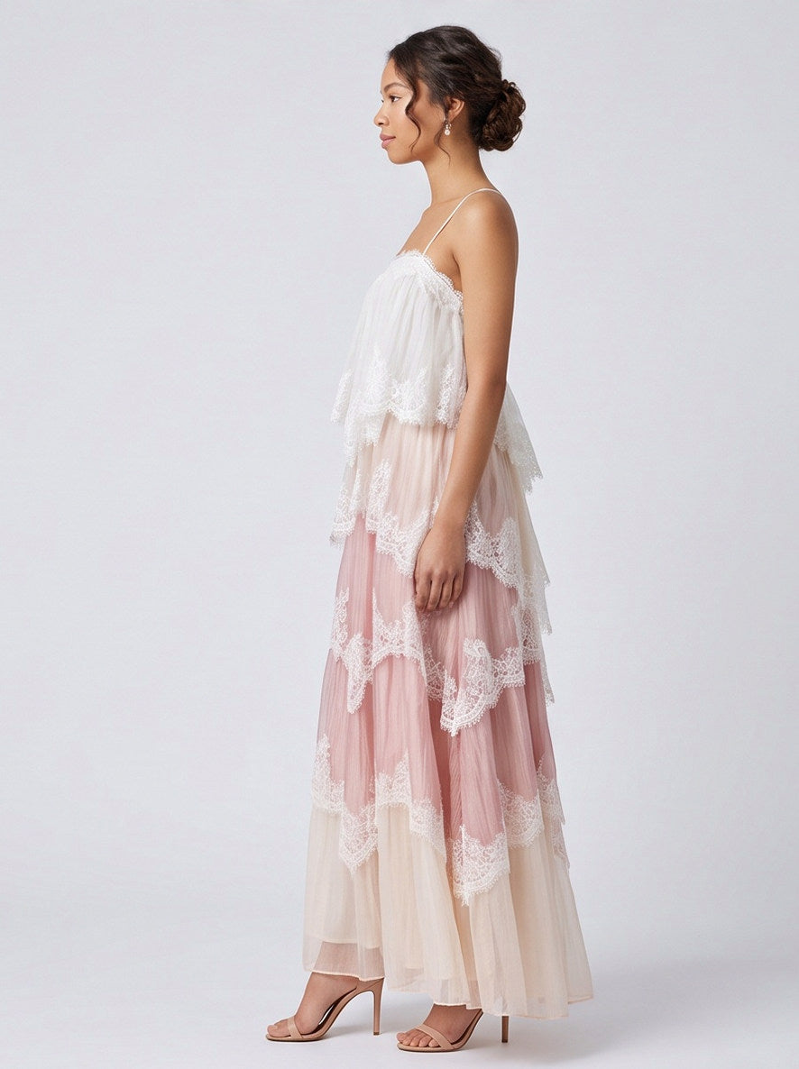 Tiered Lace Trim Maxi Dress
