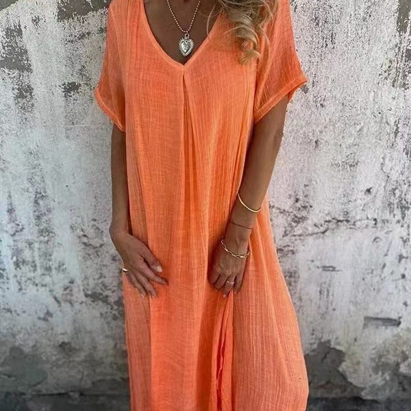 Relaxed Linen Short Sleeve Maxi Dress