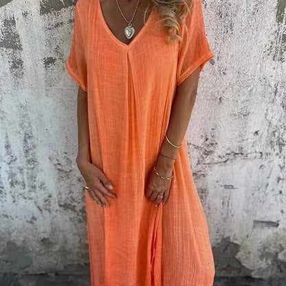 Relaxed Linen Short Sleeve Maxi Dress