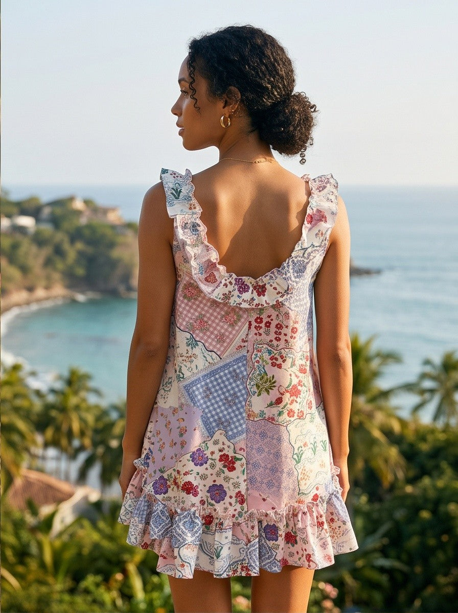 Patchwork Ruffle Tie Front Sundress