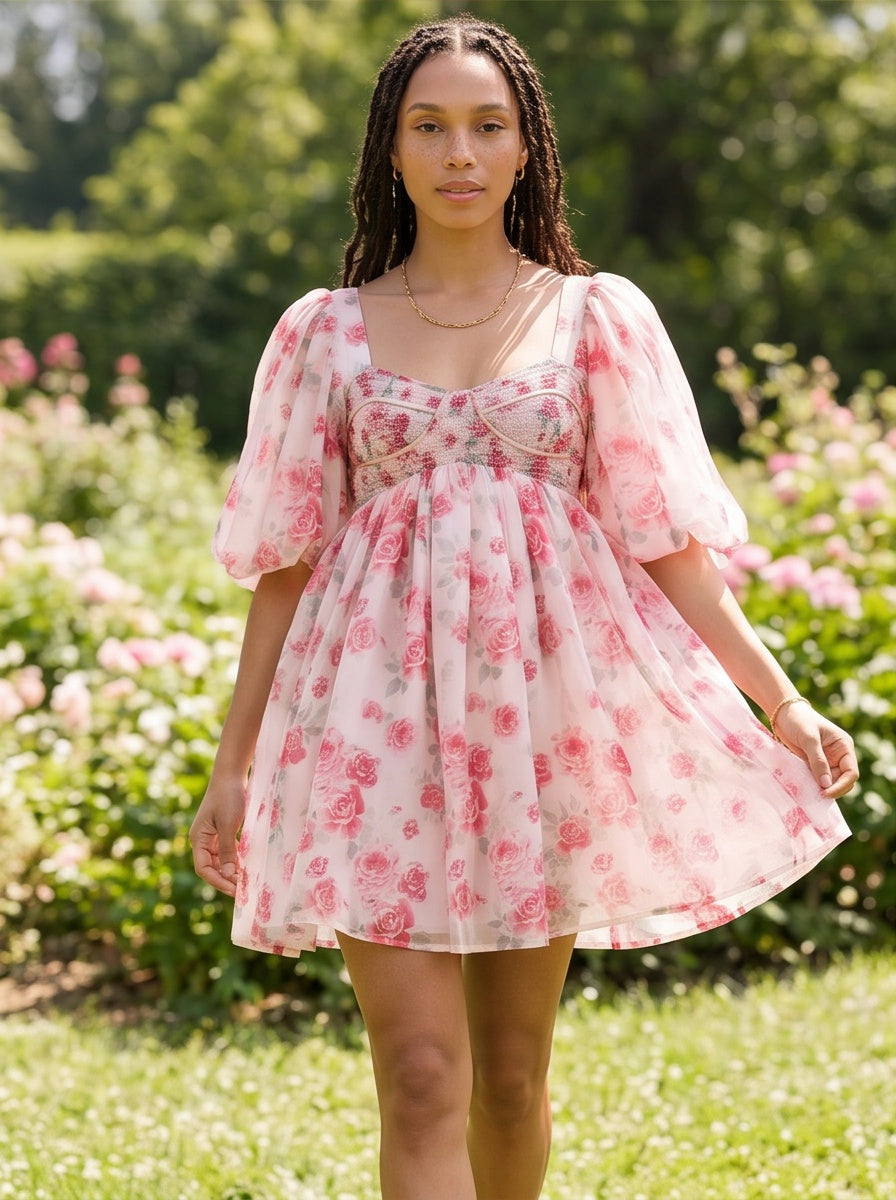 Floral Sweetheart Puff Sleeve Mini Dress