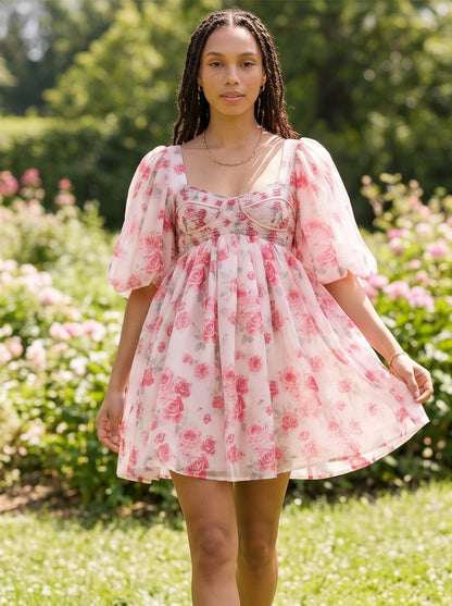 Floral Sweetheart Puff Sleeve Mini Dress