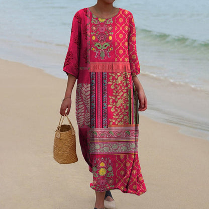 Floral Patchwork 3/4 Sleeve Maxi Dress