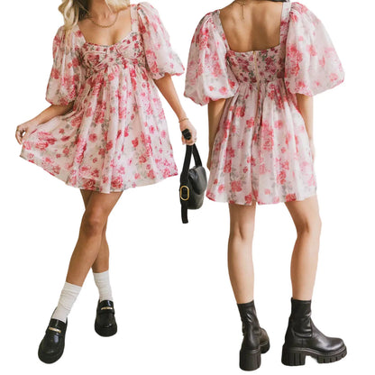 Floral Sweetheart Puff Sleeve Mini Dress