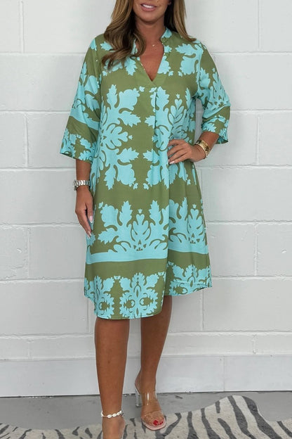 Damask 3/4 Sleeve Mini Dress