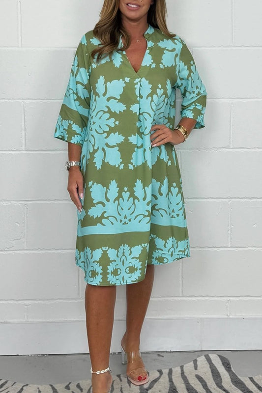 Damask 3/4 Sleeve Mini Dress