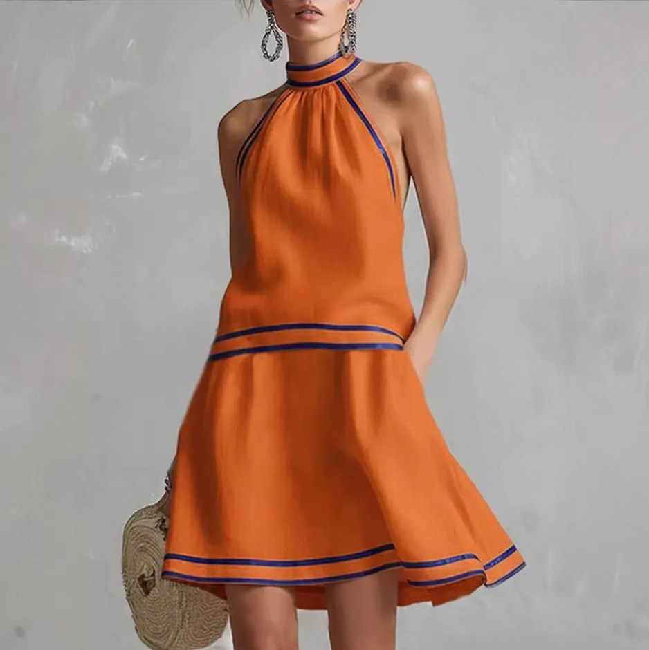Halter Contrast Trim Mini Dress