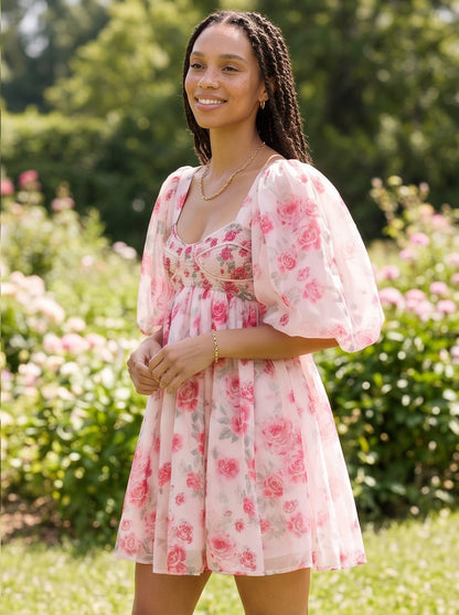 Floral Sweetheart Puff Sleeve Mini Dress