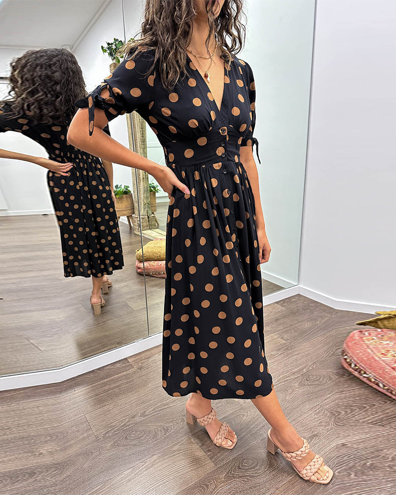 Polka Dot Button Front Midi Dress