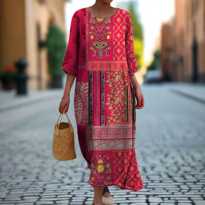 Floral Patchwork 3/4 Sleeve Maxi Dress