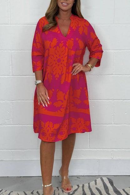 Damask 3/4 Sleeve Mini Dress