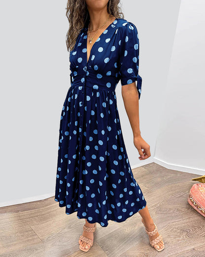Polka Dot Button Front Midi Dress