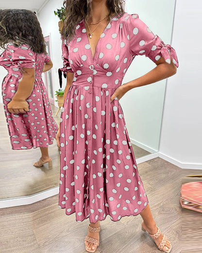 Polka Dot Button Front Midi Dress