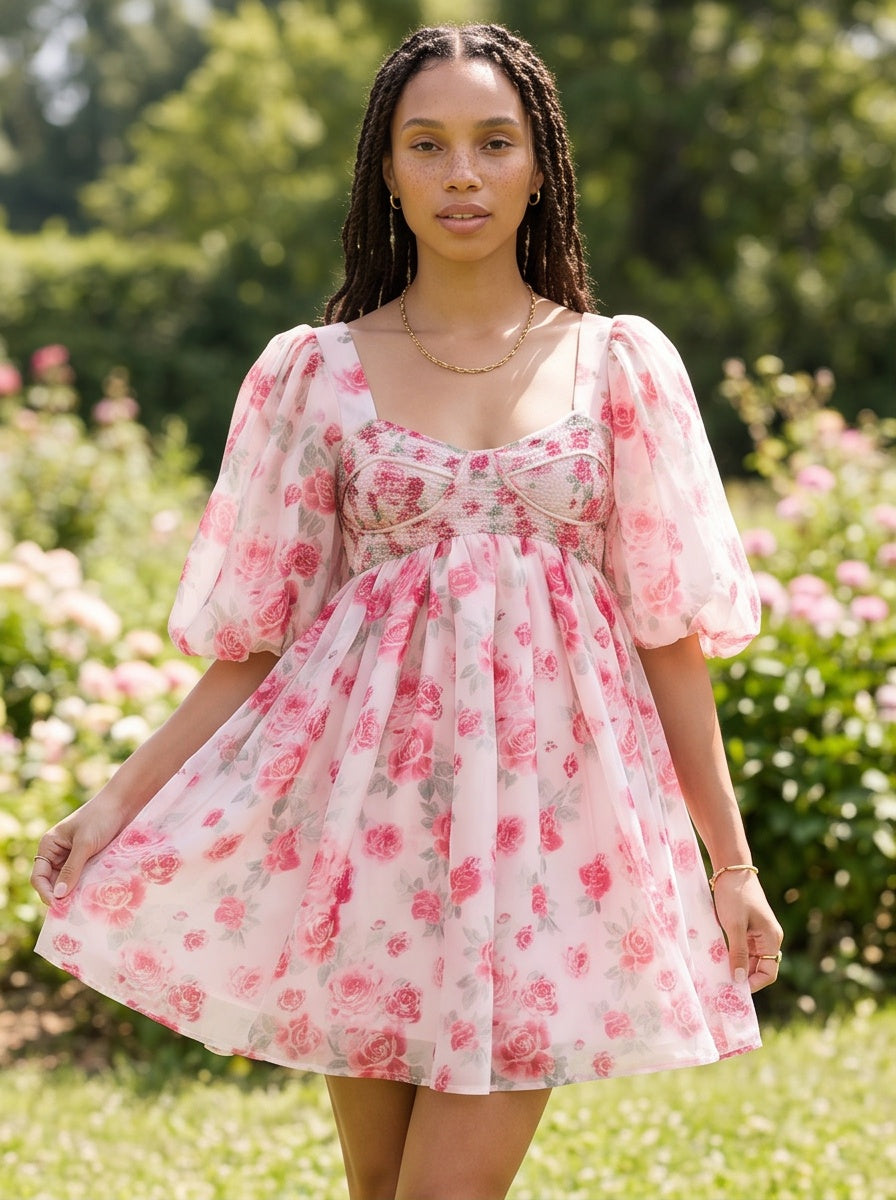 Floral Sweetheart Puff Sleeve Mini Dress