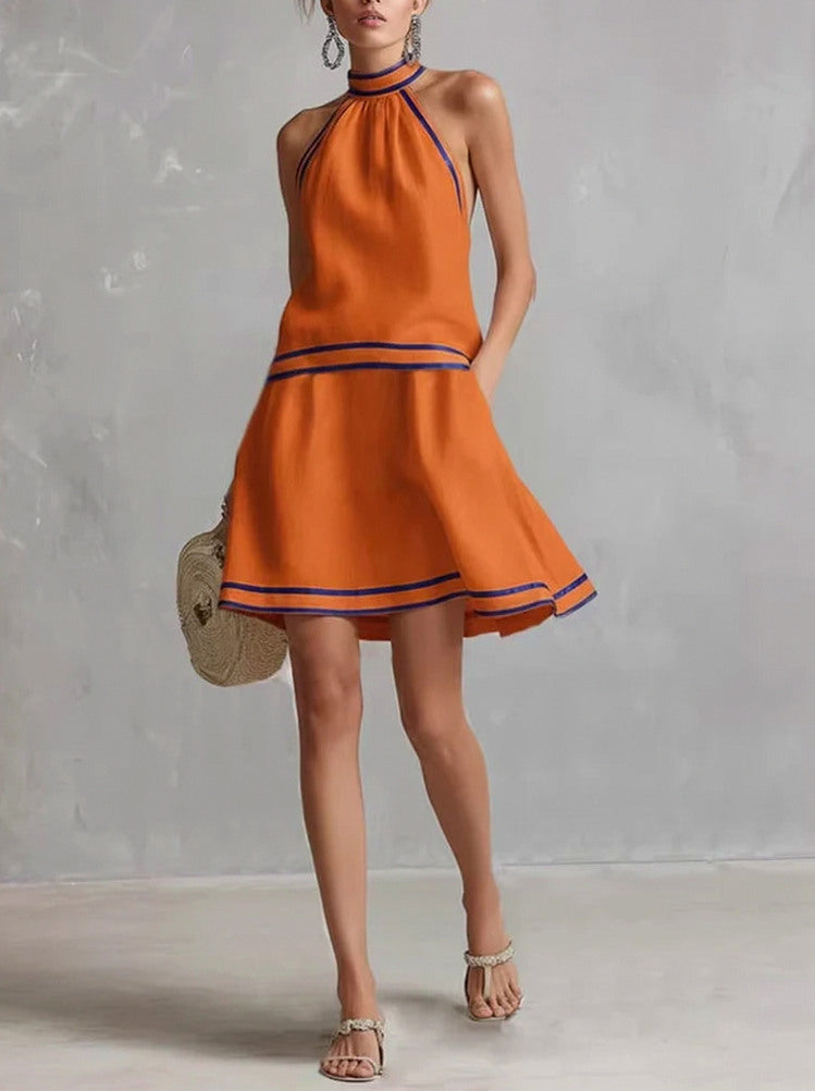 Halter Contrast Trim Mini Dress