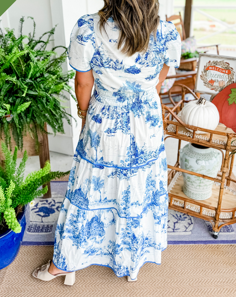 Toile Print Smocked Waist Tiered Maxi Dress – Merisell