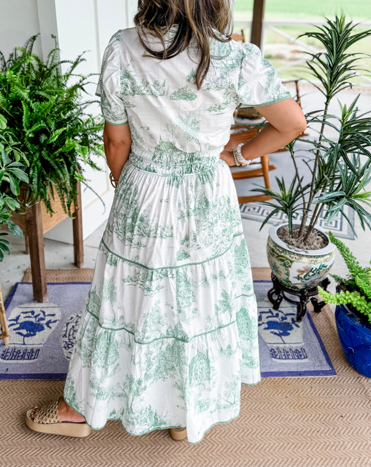 Toile Print Smocked Waist Tiered Maxi Dress – Merisell