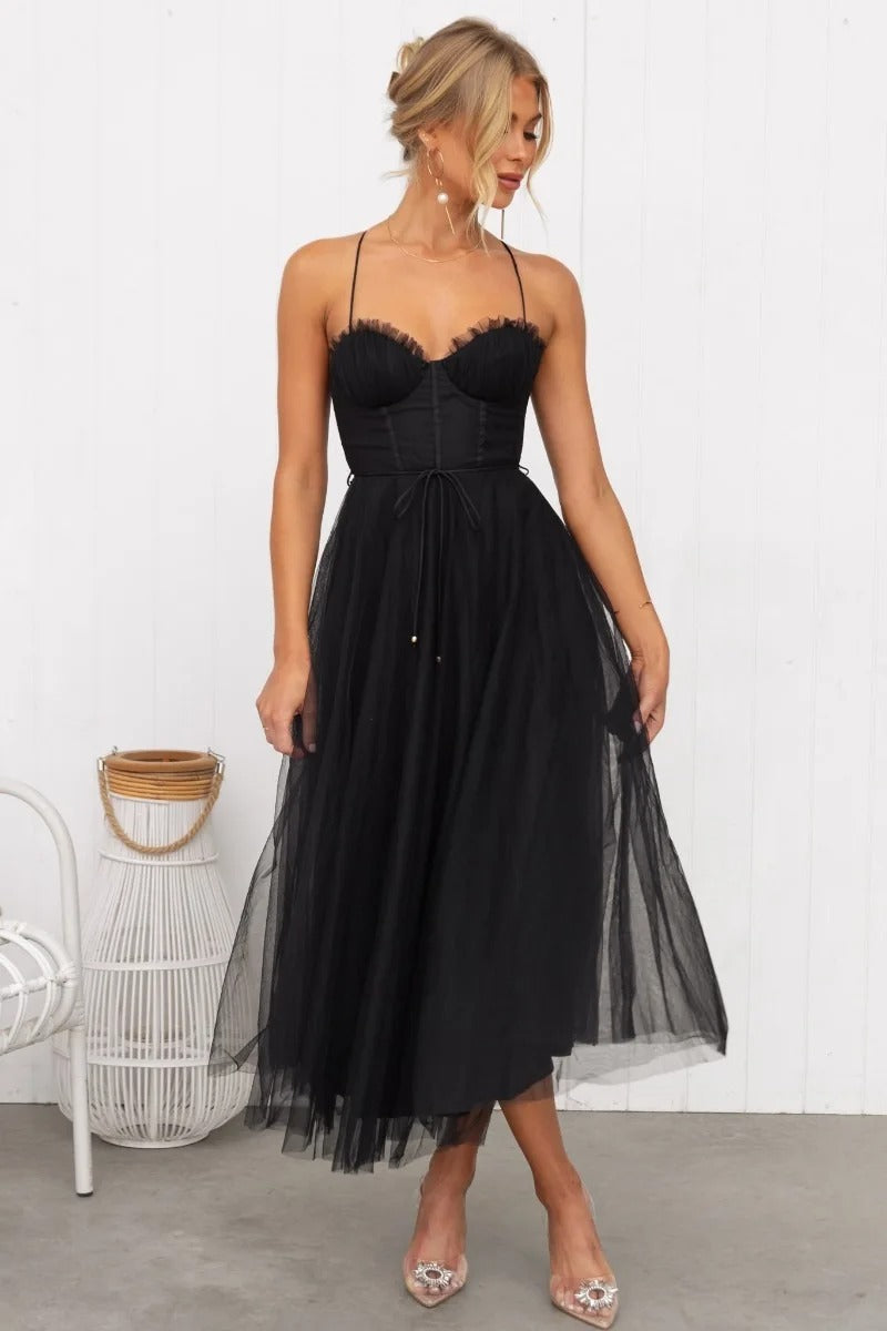 Black - Rust brown tulle midi dress featuring a structured corset bodice with ruched cups, thin straps, a delicate waist tie, and a voluminous A-line skirt with a sheer hem.