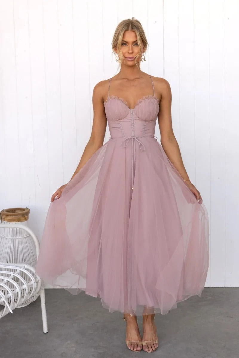 Pink - Rust brown tulle midi dress featuring a structured corset bodice with ruched cups, thin straps, a delicate waist tie, and a voluminous A-line skirt with a sheer hem.