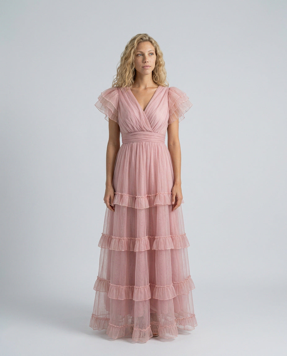 Tulle Flutter Sleeve Tiered Maxi Dress