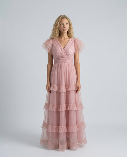 Tulle Flutter Sleeve Tiered Maxi Dress