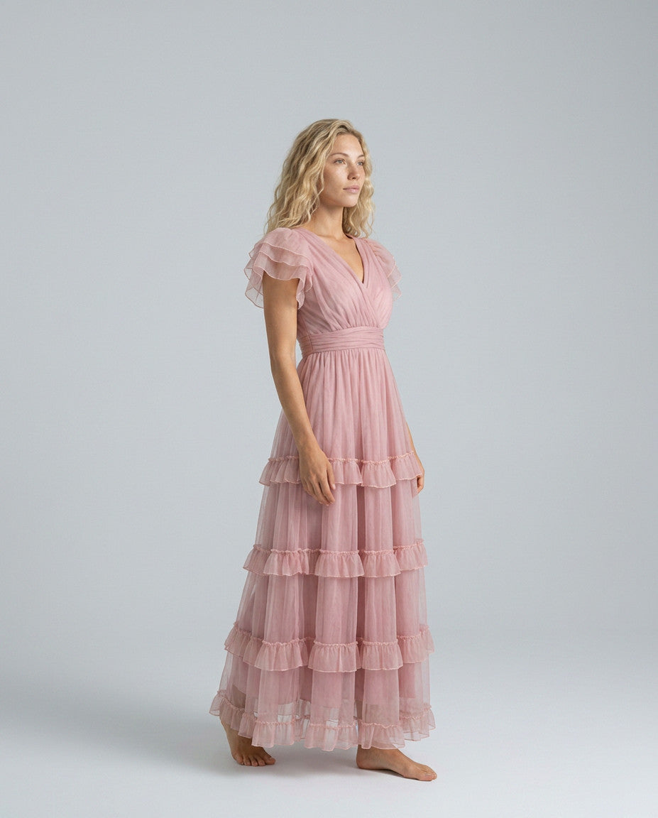 Tulle Flutter Sleeve Tiered Maxi Dress