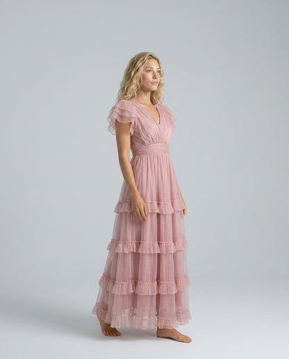 Tulle Flutter Sleeve Tiered Maxi Dress